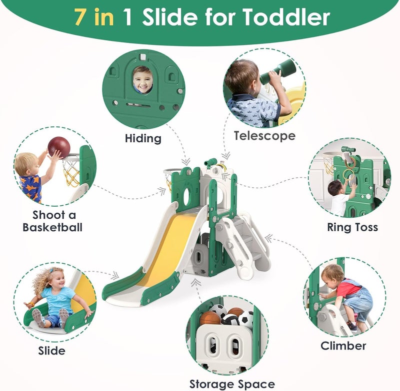 BIERUM 7 in 1 Toddler Slide, L-Shaped Baby Slide for Toddlers Age 1-3 with Basketball Hoop, Ring Toss, Storage Space, Outdoor Indoor Slide Playset Toddler Playground Green Yellow - Image 2
